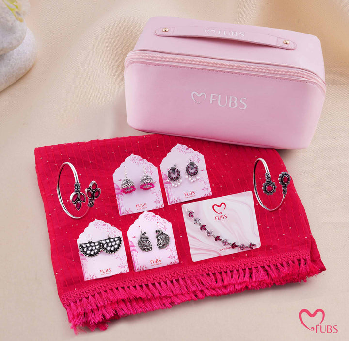 FUBS Purse of Surprises – Pink Dupatta, Jaipuri Earrings, Oxidised Kada & Bracelet