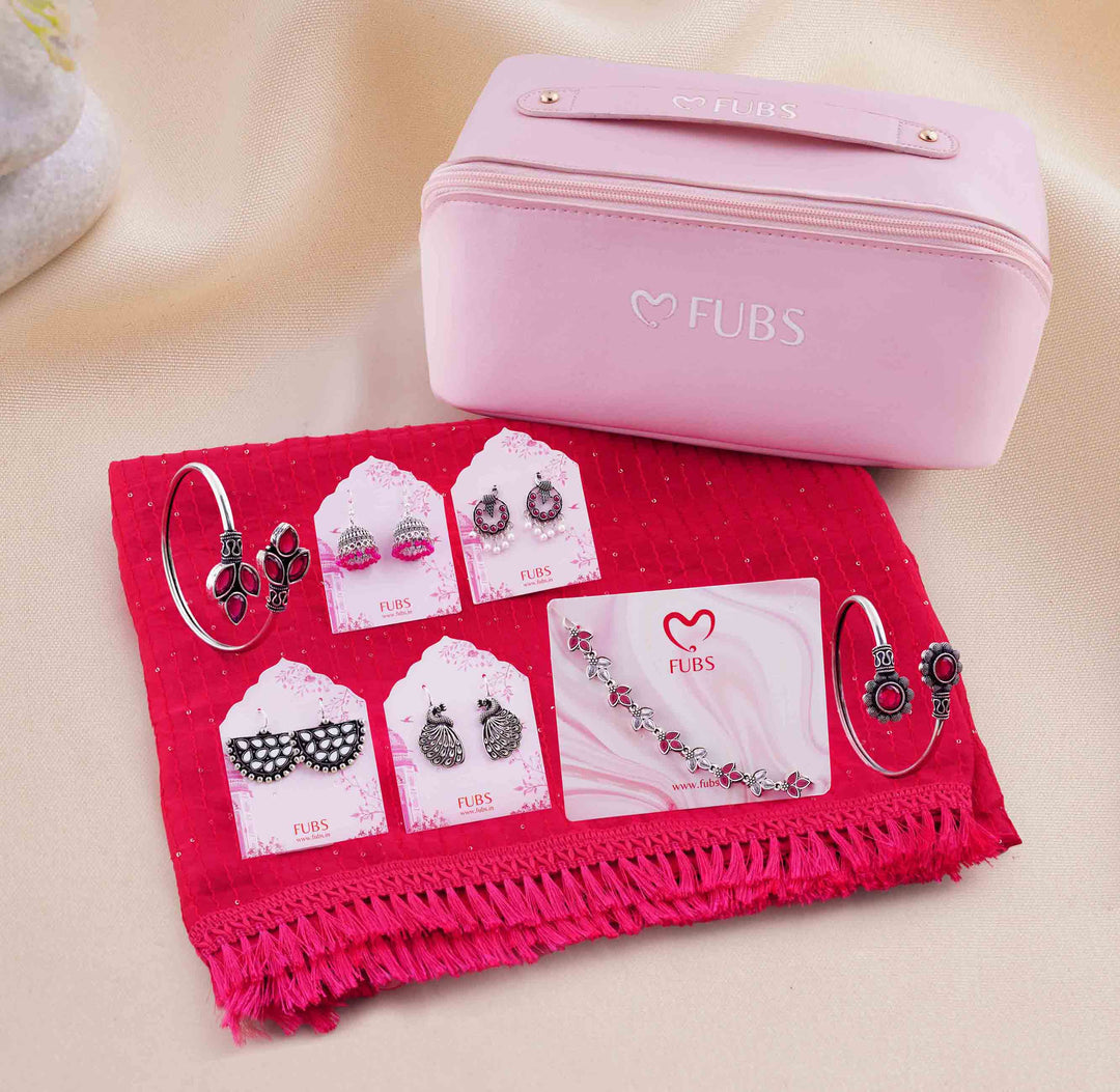 FUBS Purse of Surprises – Pink Dupatta, Jaipuri Earrings, Oxidised Kada & Bracelet