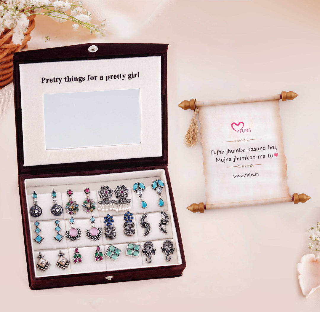 Blushing Mirror Box - 12 Oxidised Multicolor Earrings Set with Sandesh Patra