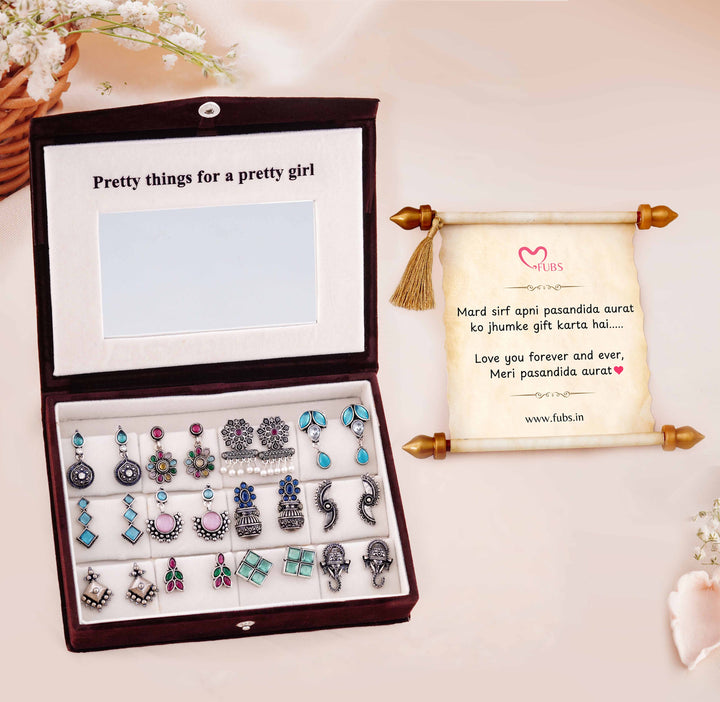 Blushing Mirror Box - 12 Oxidised Multicolor Earrings Set with Sandesh Patra