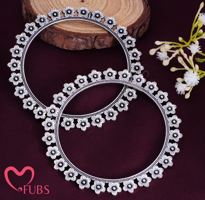 Floral Oxidized Silver Bangles