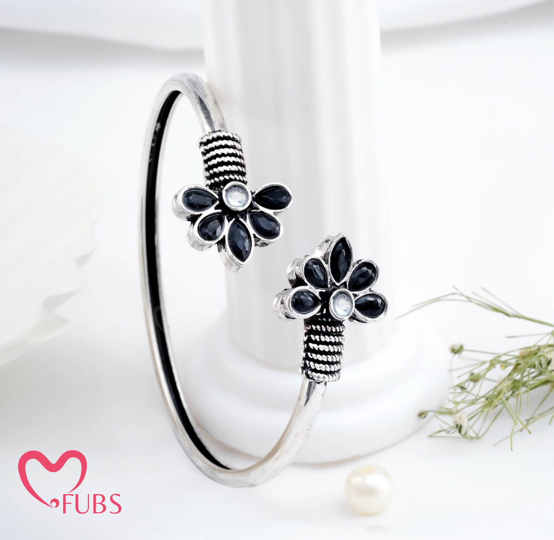 Teardrop Stone Earrings & Oxidized Finish Floral Bangle Set