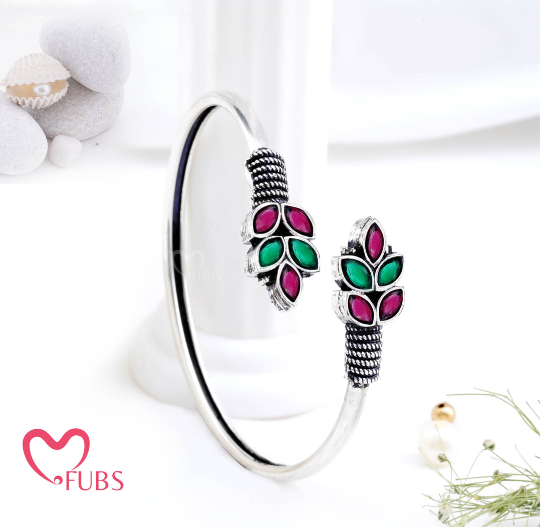 Oxidized Finish Earrings & Floral Bangle Set