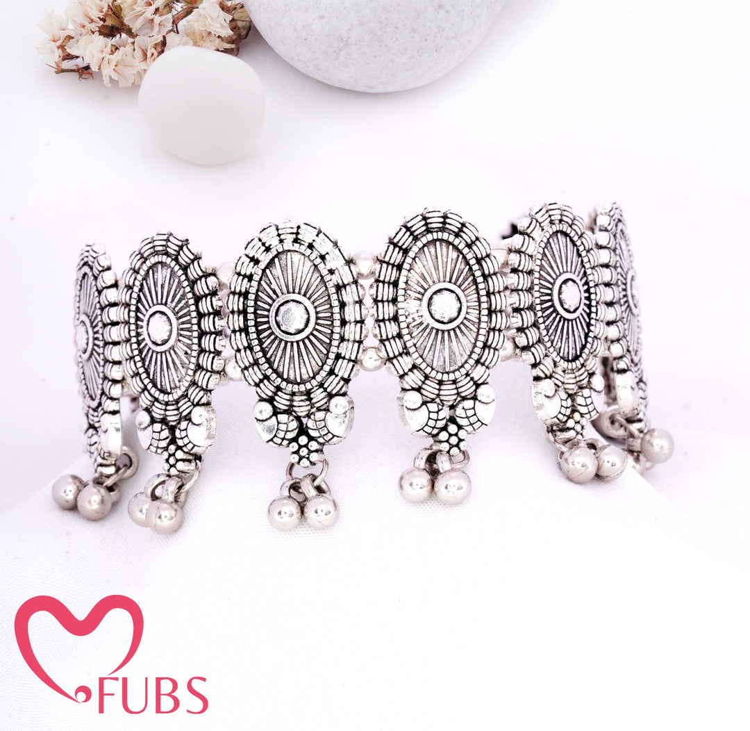 Oval Panel Bracelet with Radial Engraving & Beaded Fringe