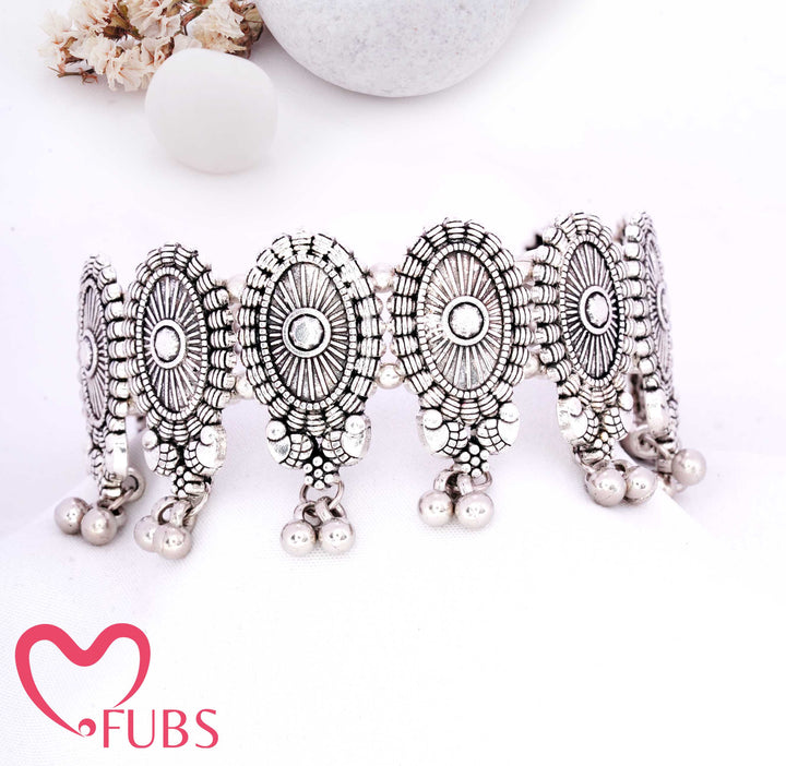 Oval Panel Bracelet with Radial Engraving & Beaded Fringe