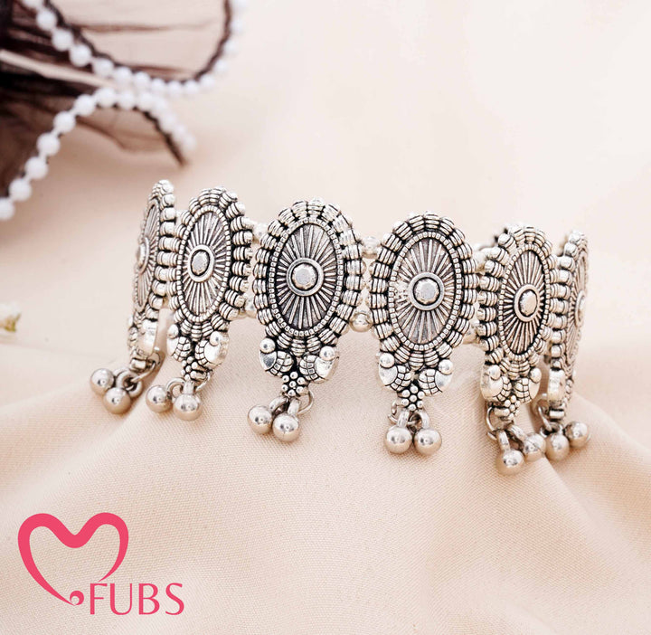 Oval Panel Bracelet with Radial Engraving & Beaded Fringe