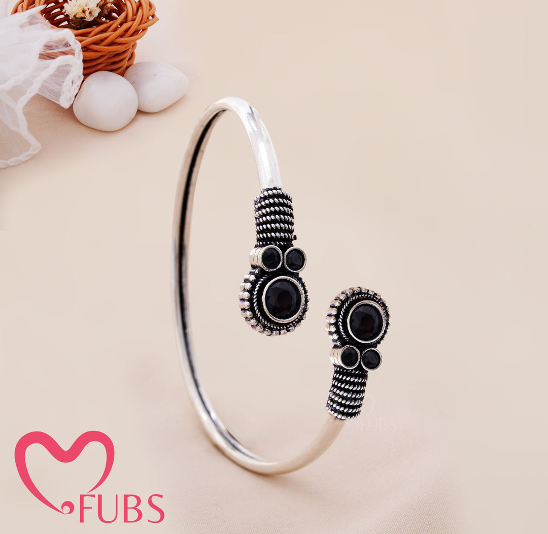 Circular Stone Cuff Bracelet with Engraved Ends