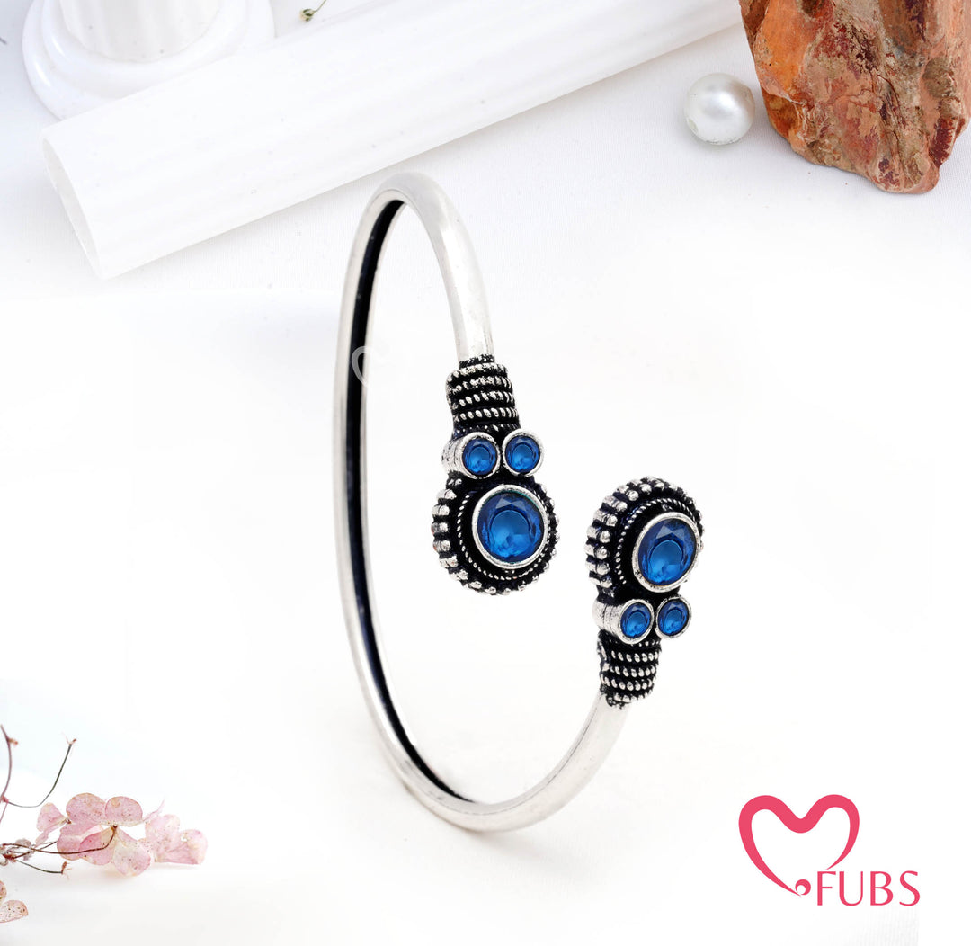 Circular Stone Cuff Bracelet with Engraved Ends