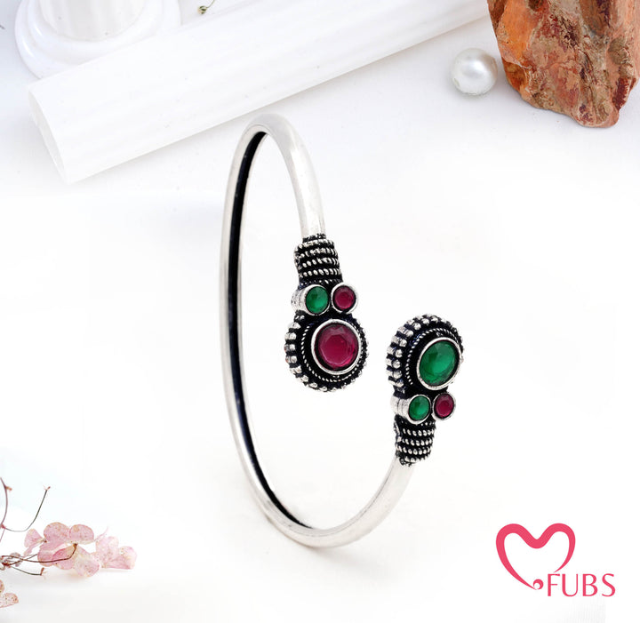 Circular Stone Cuff Bracelet with Engraved Ends