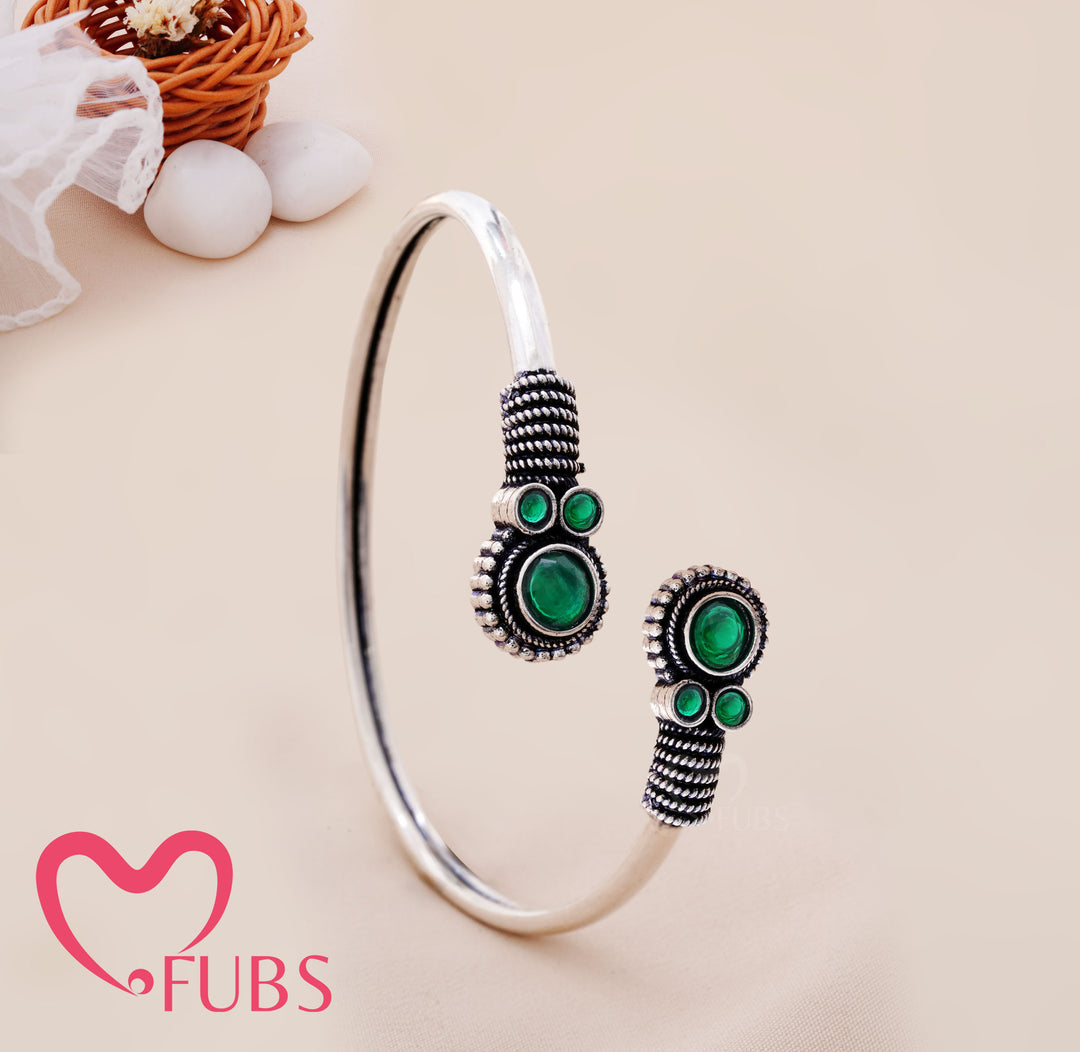 Circular Stone Cuff Bracelet with Engraved Ends