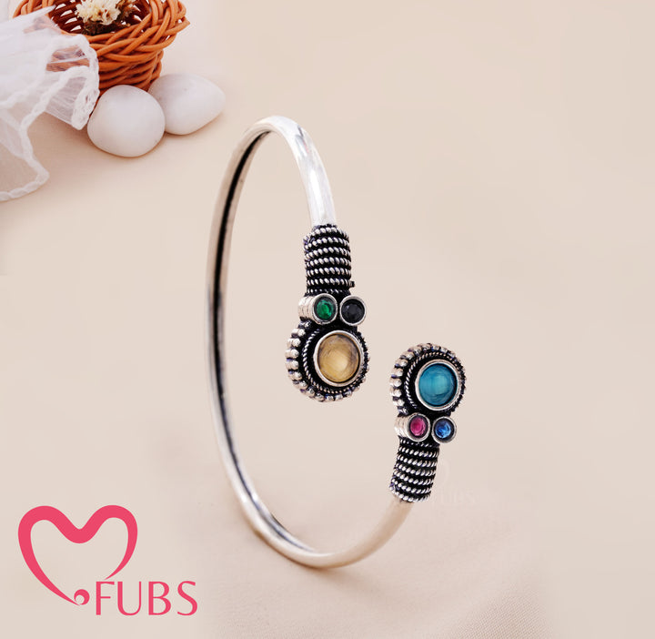 Circular Stone Cuff Bracelet with Engraved Ends