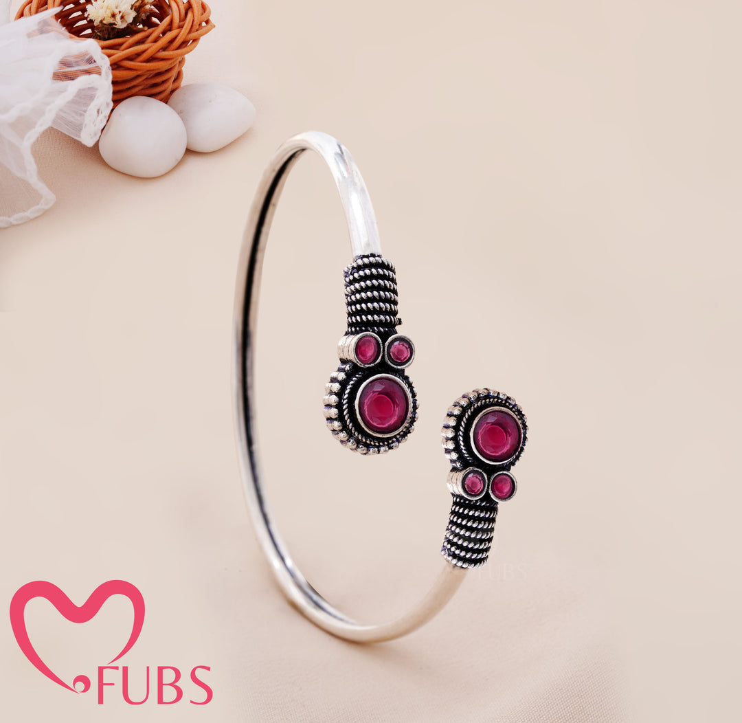 Circular Stone Cuff Bracelet with Engraved Ends