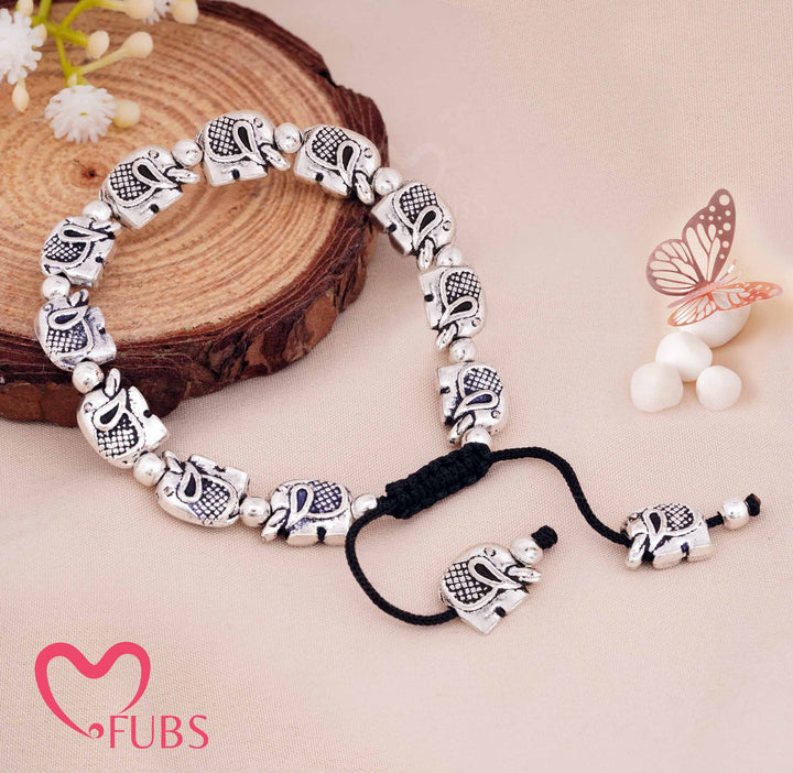 Elephant Charm Anklet with Adjustable Cord & Sculpted Beads