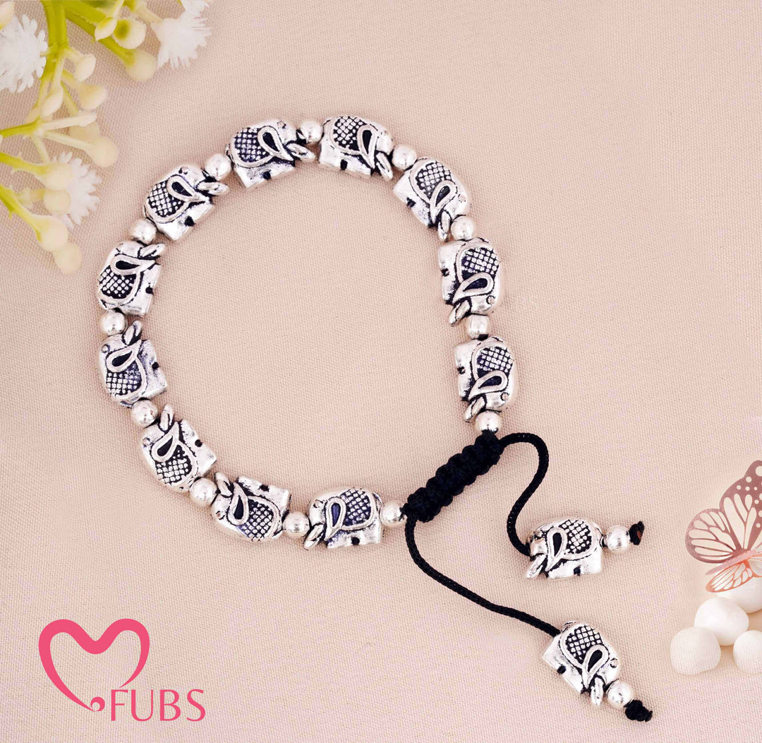 Elephant Charm Anklet with Adjustable Cord & Sculpted Beads