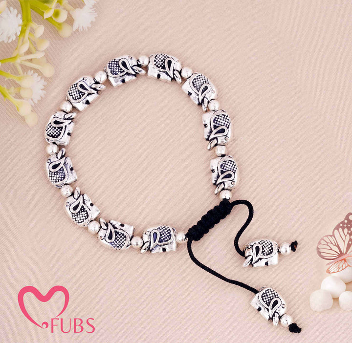 Elephant Charm Anklet with Adjustable Cord & Sculpted Beads