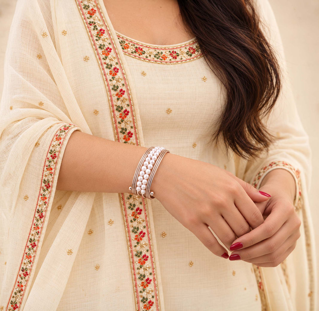 Elegant Layered Pearl Wire Open Kada Bracelet