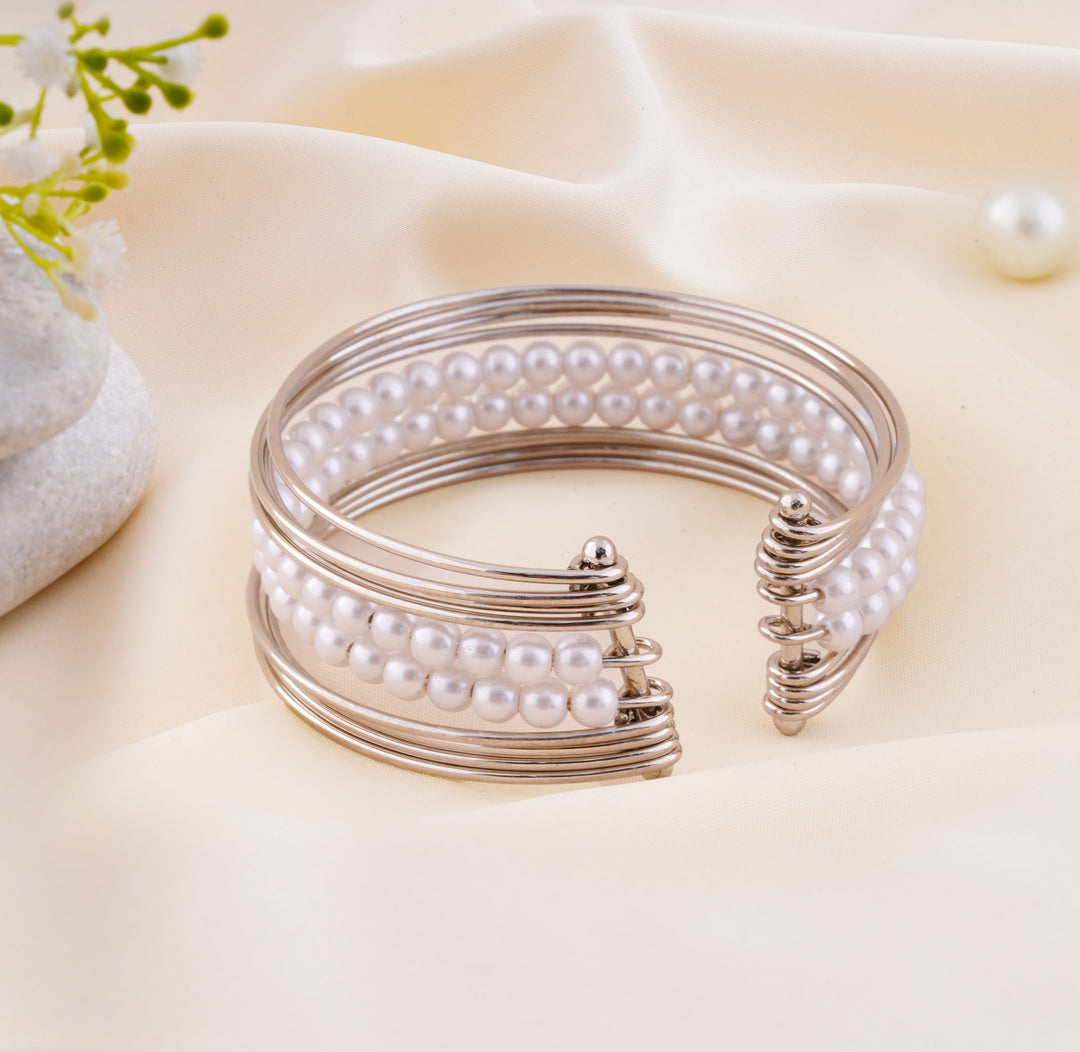 Elegant Layered Pearl Wire Open Kada Bracelet