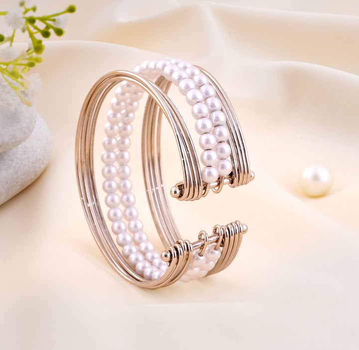 Elegant Layered Pearl Wire Open Kada Bracelet