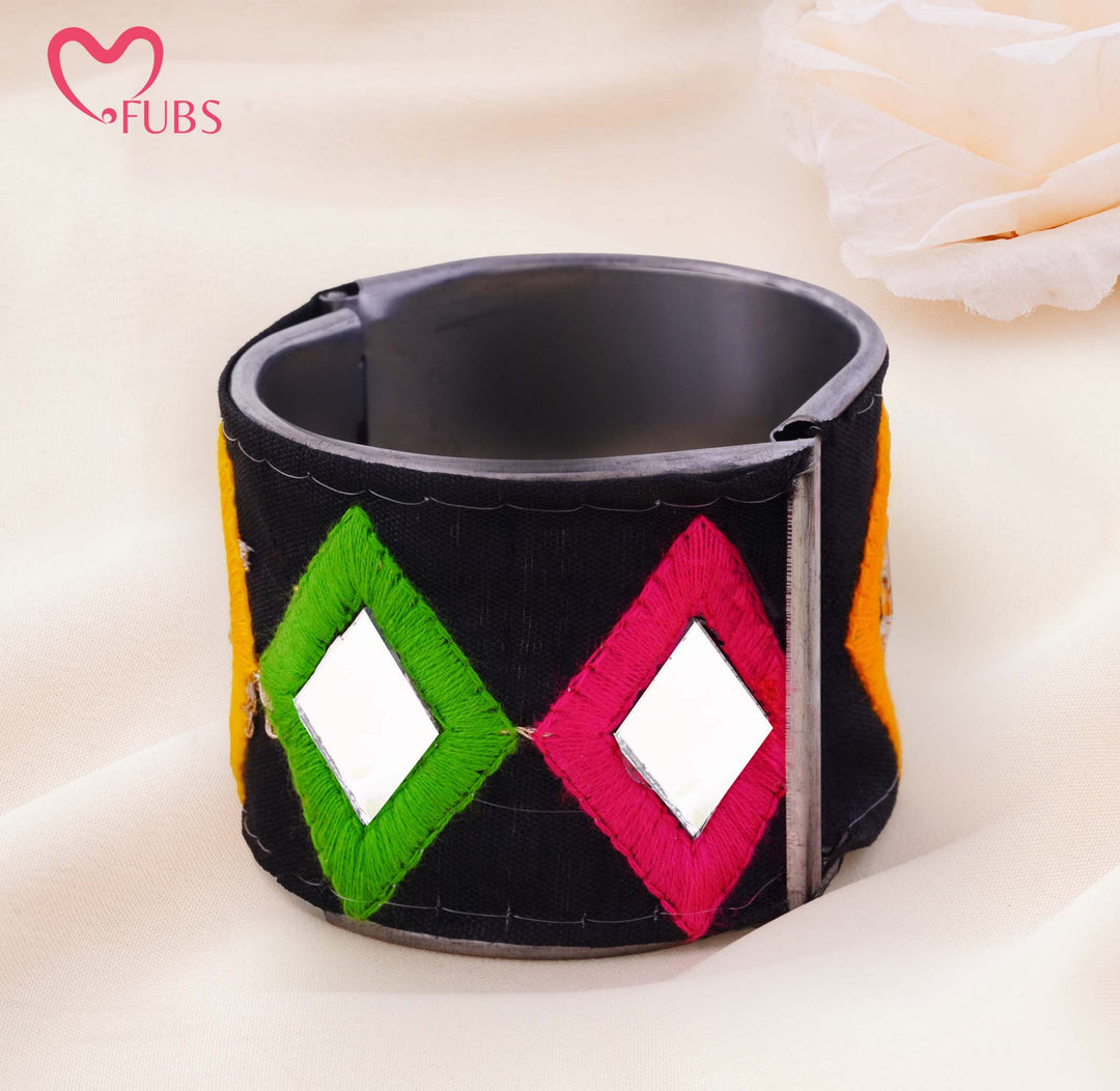 Mirror Inset Embroidered Fabric Cuff Bracelet