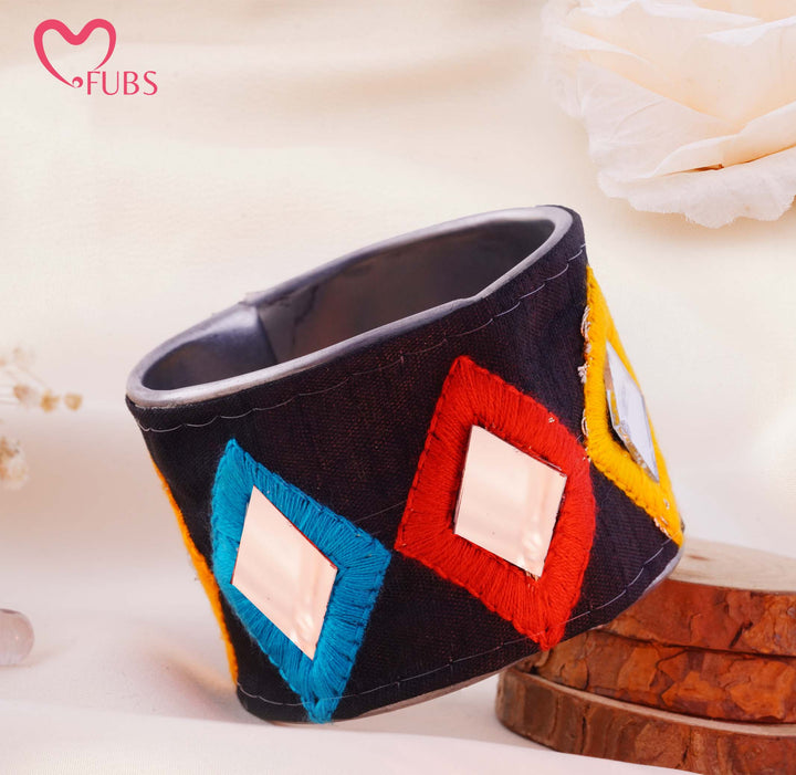 Mirror Inset Embroidered Fabric Cuff Bracelet
