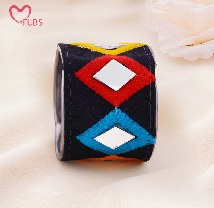 Mirror Inset Embroidered Fabric Cuff Bracelet