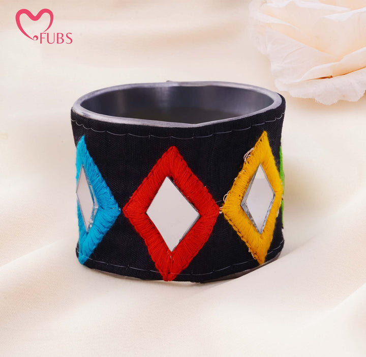 Mirror Inset Embroidered Fabric Cuff Bracelet
