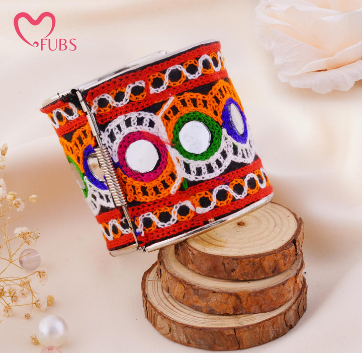 Embroidered Mirror Work Wide Cuff Bracelet