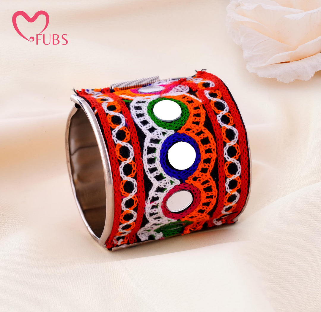 Embroidered Mirror Work Wide Cuff Bracelet
