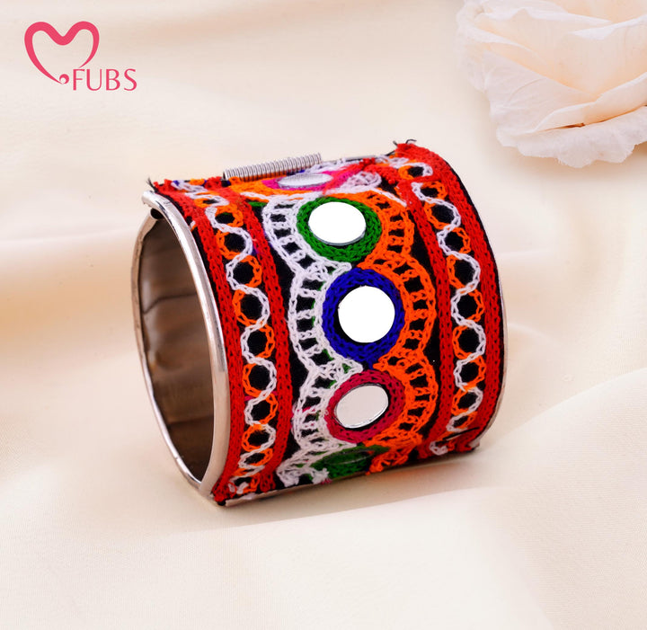 Embroidered Mirror Work Wide Cuff Bracelet