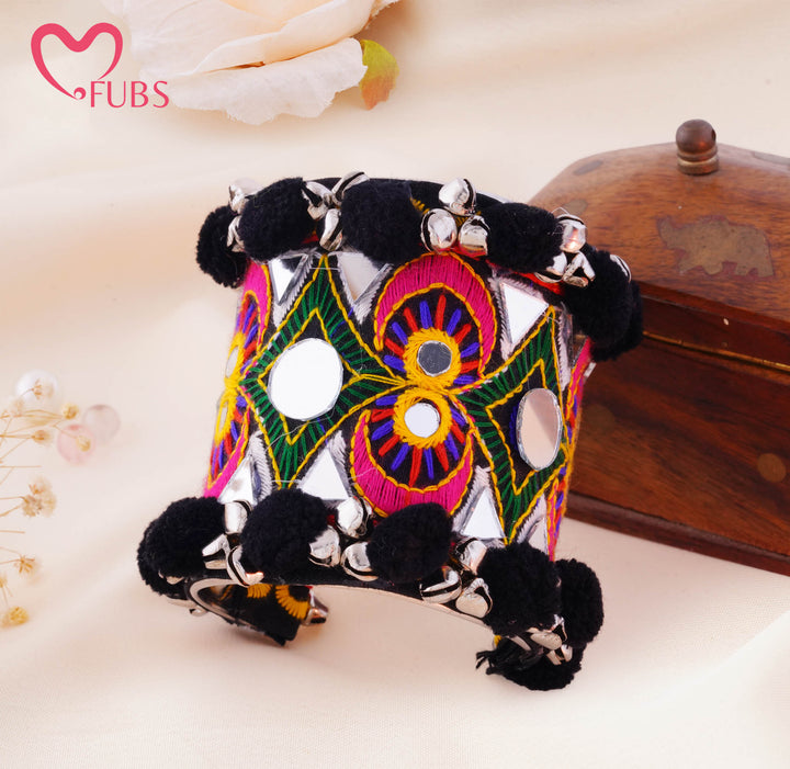 Ghungroo Trimmed Mirror Work Cuff Bracelet