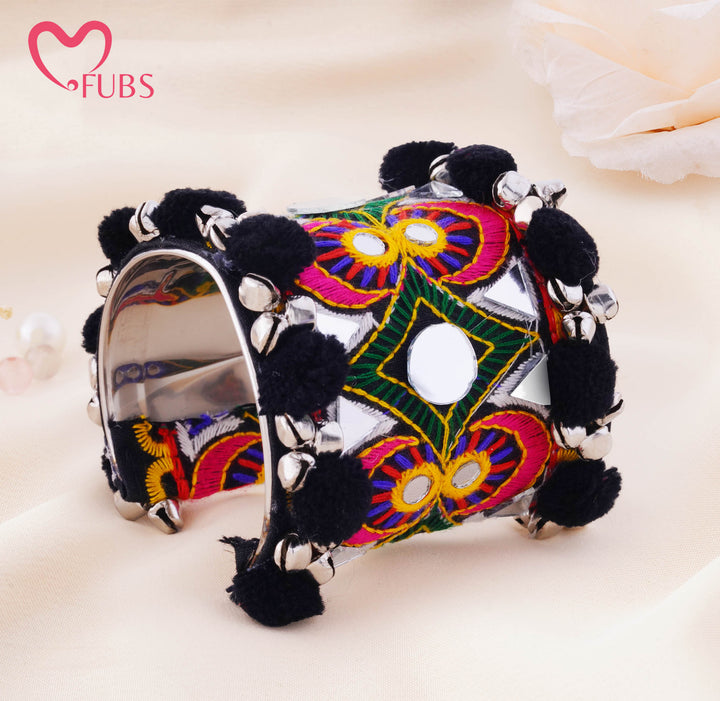 Ghungroo Trimmed Mirror Work Cuff Bracelet