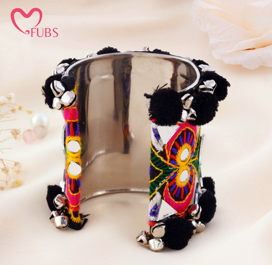 Ghungroo Trimmed Mirror Work Cuff Bracelet