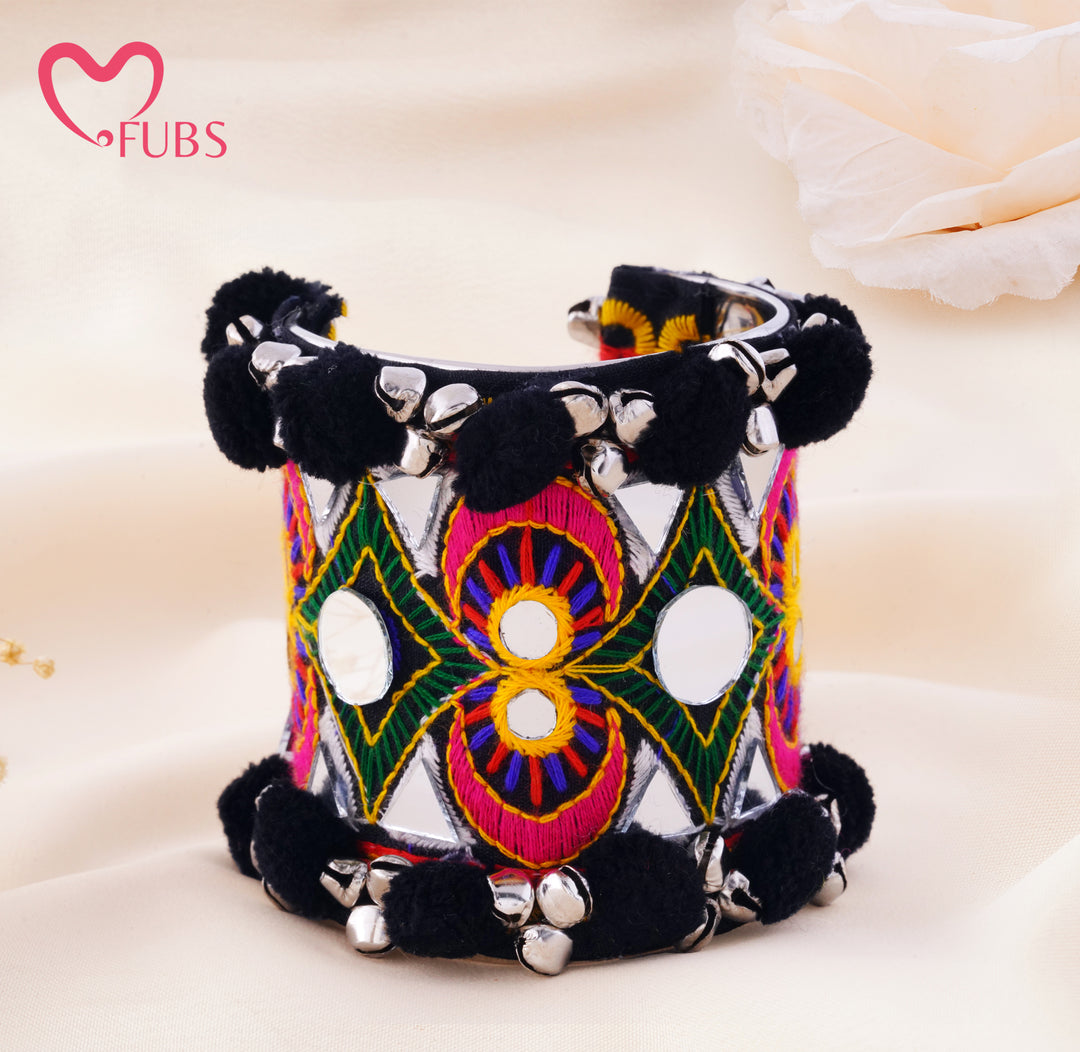 Ghungroo Trimmed Mirror Work Cuff Bracelet