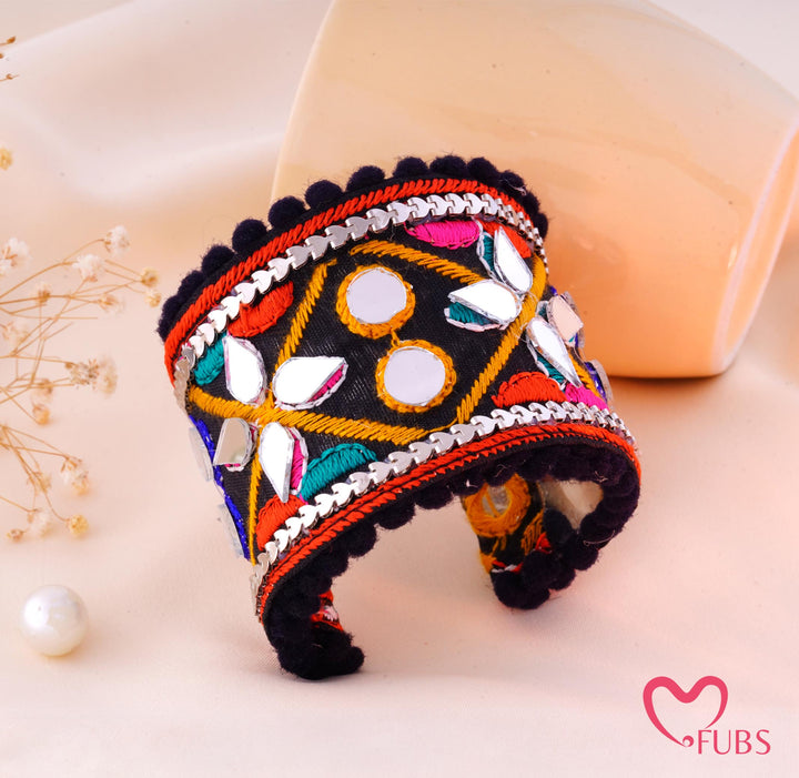 Geometric Mirror Embroidered Pom Trim Cuff