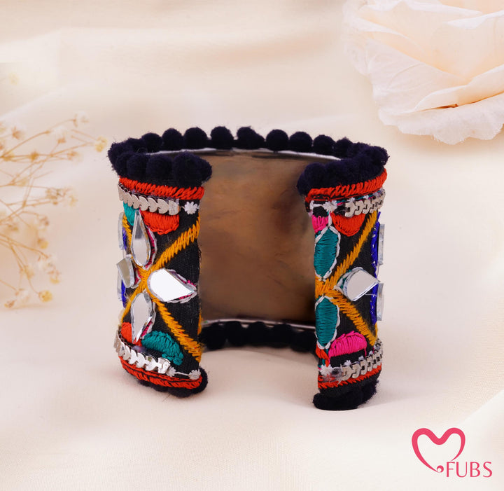 Geometric Mirror Embroidered Pom Trim Cuff