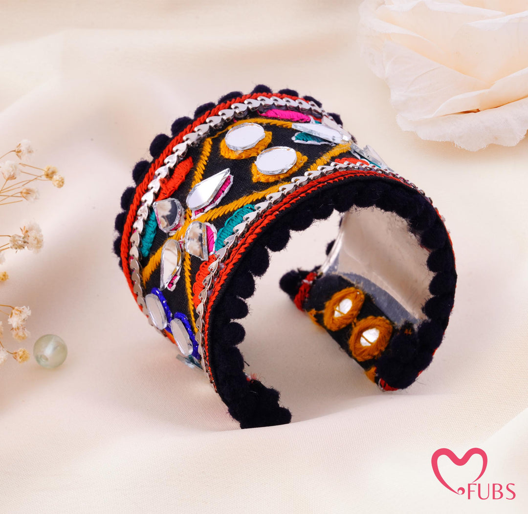 Geometric Mirror Embroidered Pom Trim Cuff