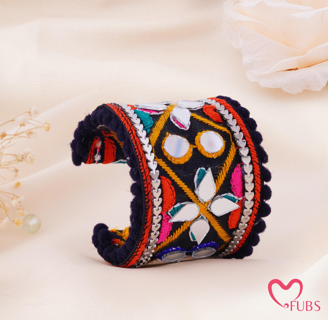 Geometric Mirror Embroidered Pom Trim Cuff