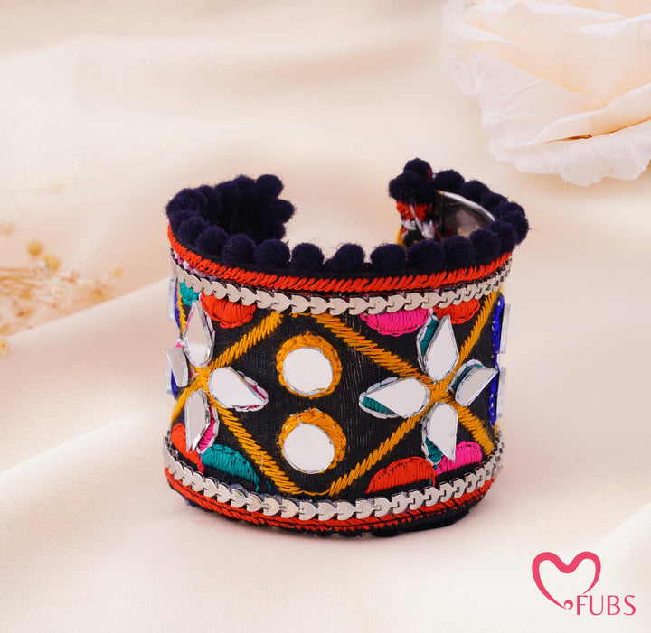 Geometric Mirror Embroidered Pom Trim Cuff