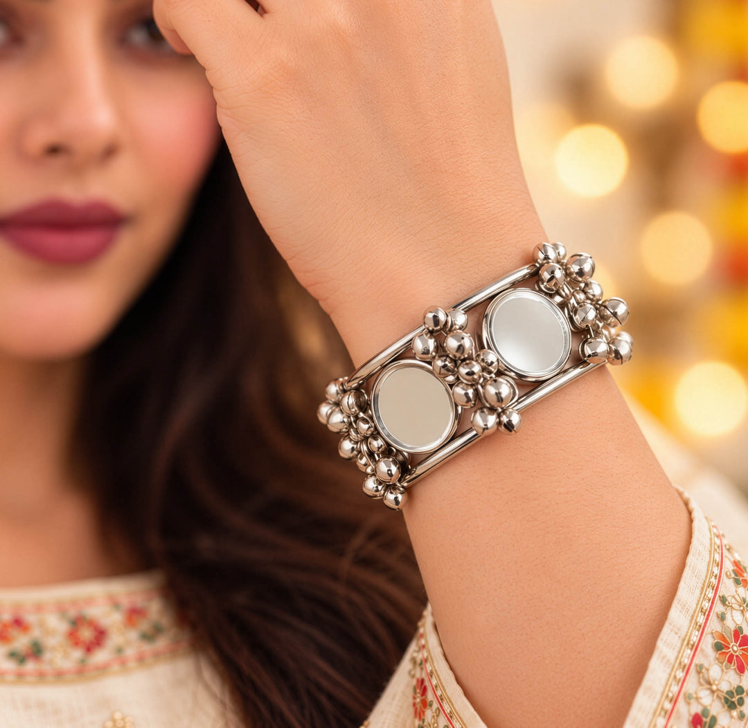 Oxidized Mirror Work Ghungroo Cuff Bracelet