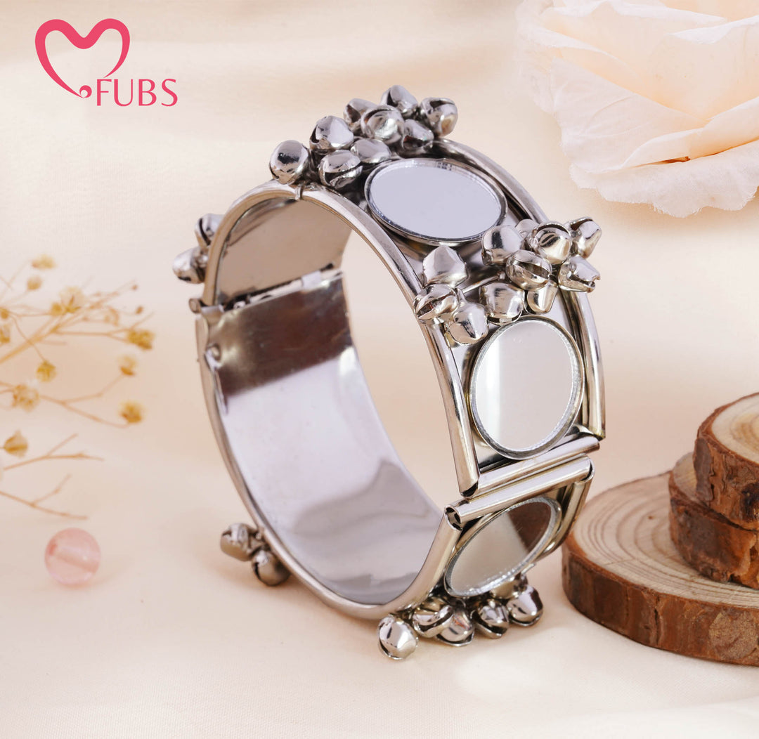 Oxidized Mirror Work Ghungroo Cuff Bracelet