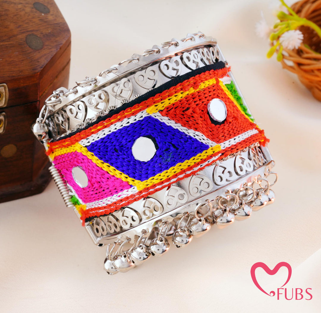 Multicolor Geometric Threadwork Mirror Ghungroo Cuff