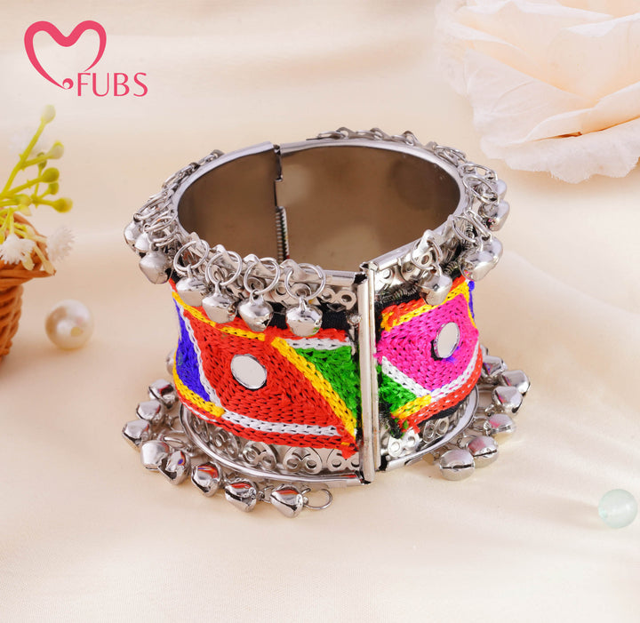 Multicolor Geometric Threadwork Mirror Ghungroo Cuff