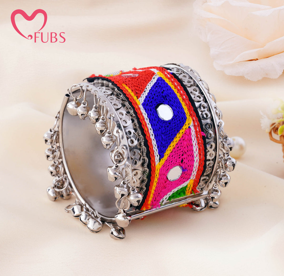 Multicolor Geometric Threadwork Mirror Ghungroo Cuff