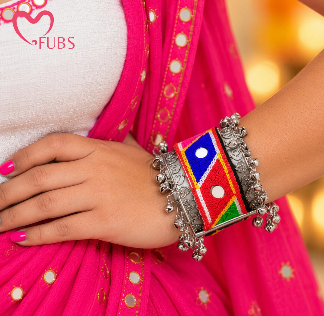 Multicolor Geometric Threadwork Mirror Ghungroo Cuff