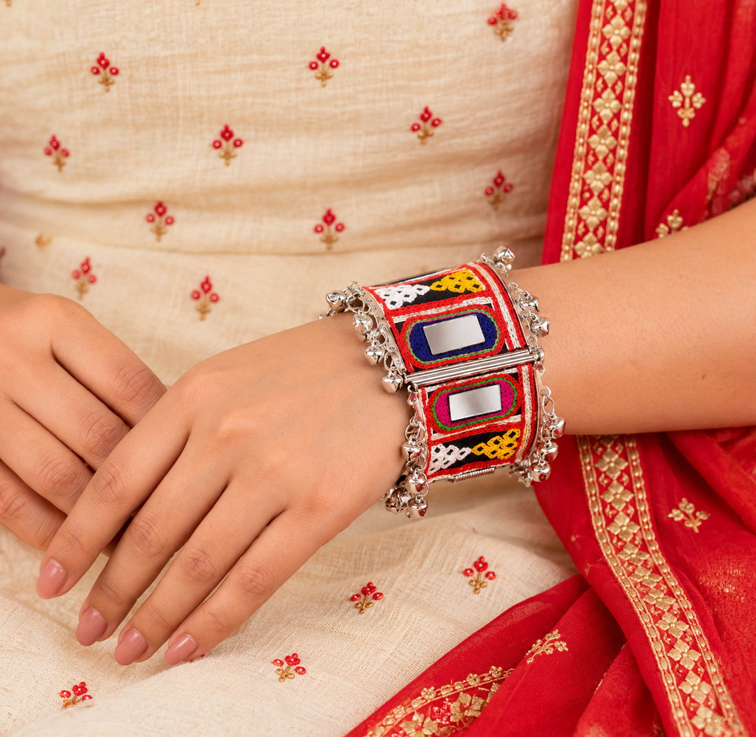 Kutch Embroidered Mirror Ghungroo Cuff Bracelet