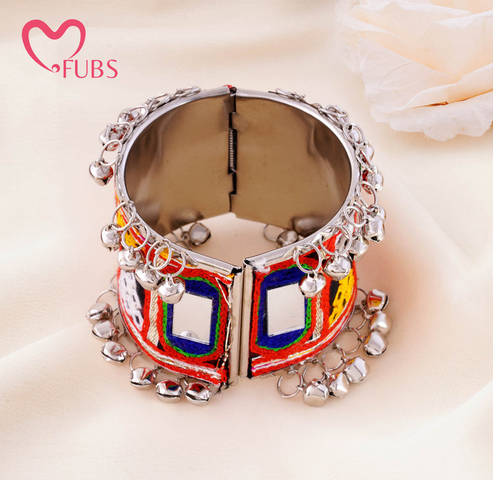 Kutch Embroidered Mirror Ghungroo Cuff Bracelet