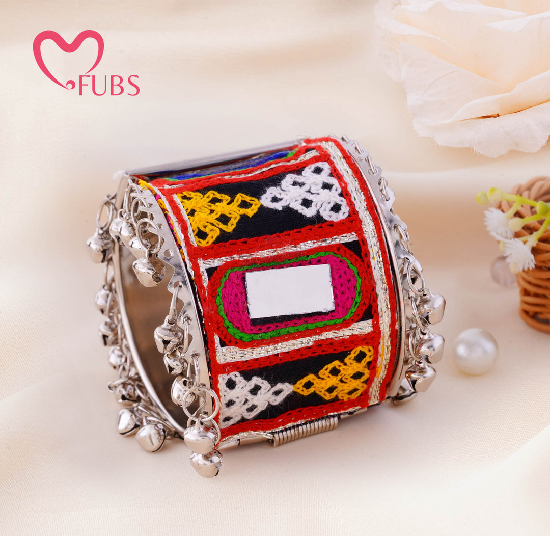 Kutch Embroidered Mirror Ghungroo Cuff Bracelet