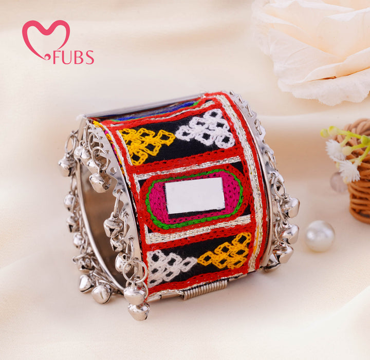 Kutch Embroidered Mirror Ghungroo Cuff Bracelet