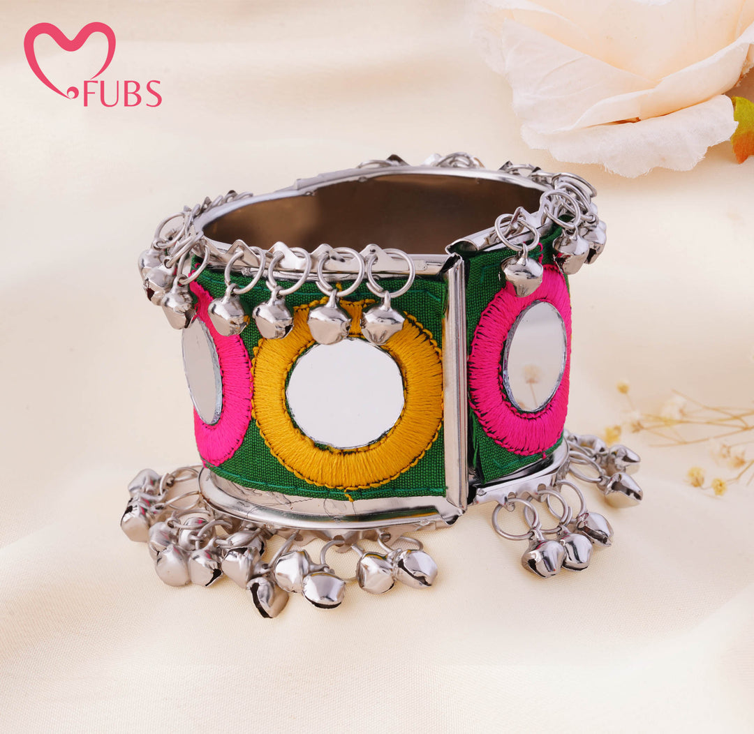 Mirror Motif Jingle Bell Cuff Bracelet
