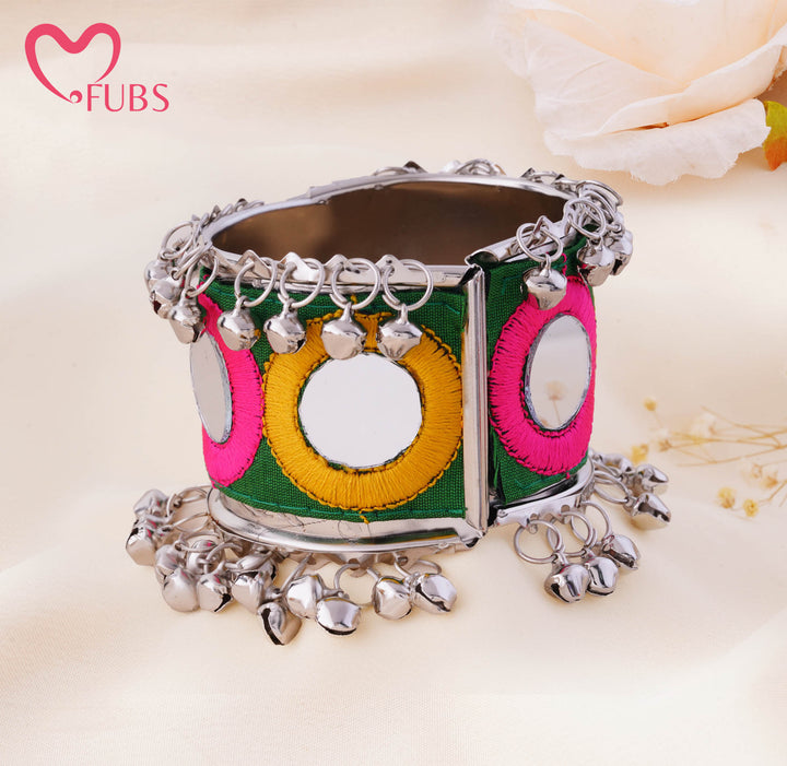 Mirror Motif Jingle Bell Cuff Bracelet